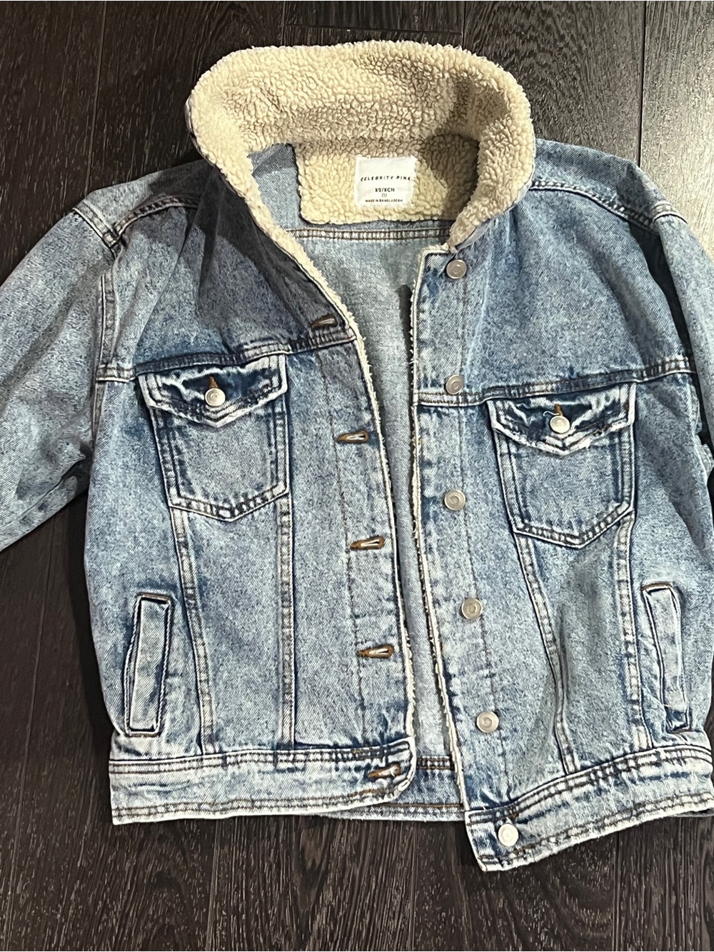 Celebrity Pink Light Wash Denim Sherpa Jacket with Cream Lining